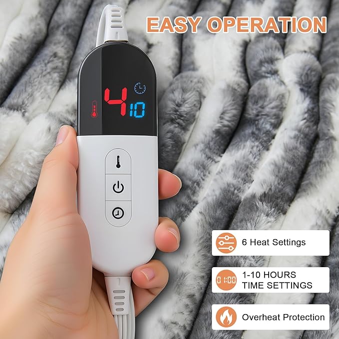 Heated Blanket Twin - 62"x84" Fast Heating Bed Electric Blankets with 6 Heating Levels & 10 Hours Auto Off, Soft Ribbed Faux Fur Sherpa, Over-Heated Protection ETL, Dark Gray