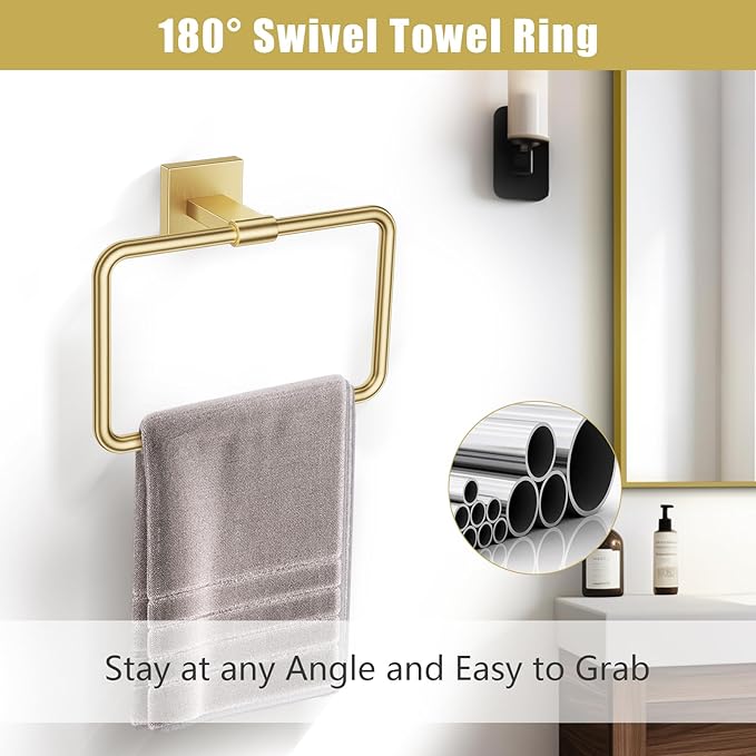 TNOMS Gold Towel Bar Set 5-Piece Brushed Gold Bathroom Hardware Accessories Set Include 23.6in Towel Bar Toilet Paper Holder Towel Ring Towel Hooks,Stainless Steel Towel Holder Set Wall-Mounted