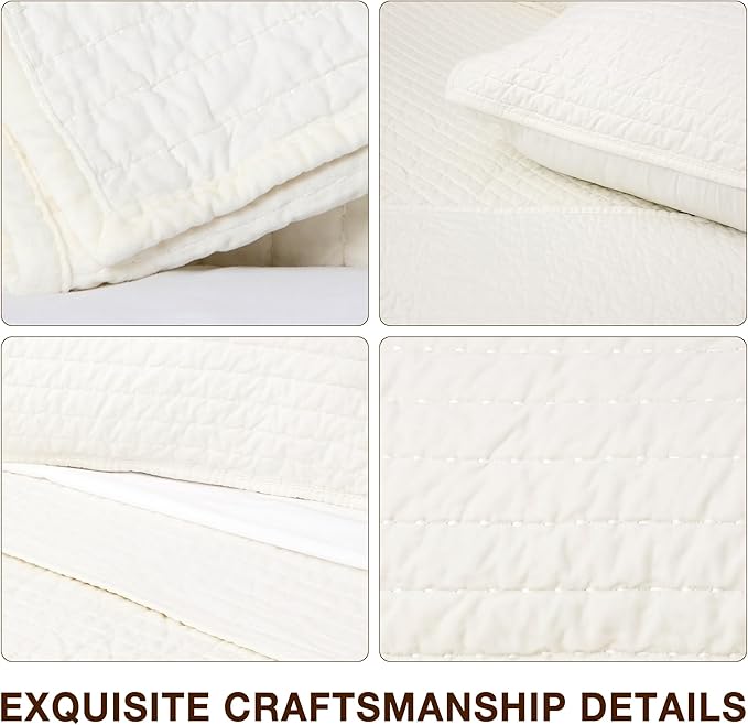 ELEGANT LIFE HOME Velvet Quilt Queen Reversible Royal Cotton Velvet Pic-Stitch Bedding Quilt - Queen - 88''x 92'', Ivory