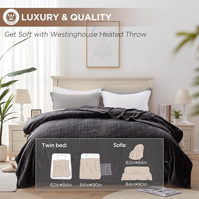 Westinghouse Heated Blanket, Electric Throw Blanket with 10 Heating Levels, 12 Hours Auto Off, Overheat Protection, Machine Washable, Flannel (Twin, 62x84 Inches, Charcoal)