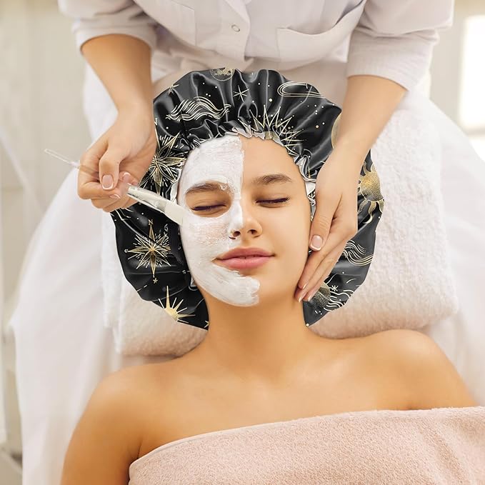 2 PCS Bonnets for Women Girls Satin Hair Bonnet Silk Adjustable Elastic Double Layer Hair Wrap Sleep Cap Comfort Cute-Sun Moon Sunset