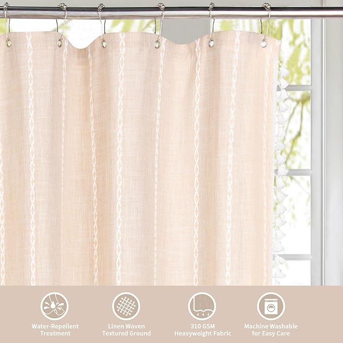 MitoVilla Beige Boho Farmhouse Shower Curtain, Cream Modern Cotton Linen Fabric Shower Curtains for French Country Bathroom Decor, Retro Tassel Thick Cloth Shower Curtain, 72 x 72