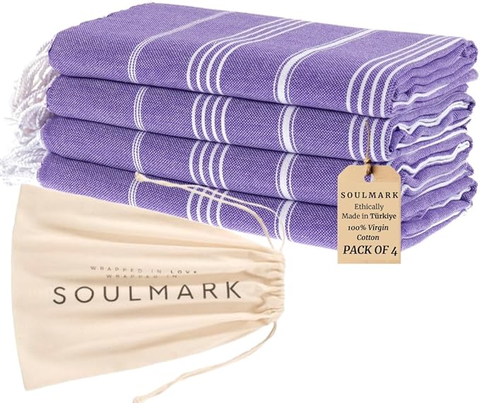 SOULMARK 100% Cotton Turkish Beach Towel with Bag - 38"x71" - 4 Pack - Made in Green & Oeko TEX Certified - Pre-Washed and Sand Free - Quick Dry and Lightweight for Travel - Made in Turkey - Purple