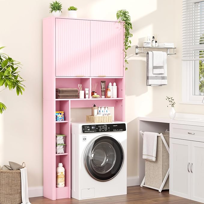 31" W Over The Toilet Storage Cabinet with Fluted Door, Pink Bathroom Organizer with Adjustable Shelf, Toilet Paper Holder Stand Wave Door for Restroom, Laundry Room