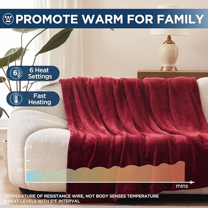 Westinghouse Electric Blanket Heated Throw, Super Cozy Soft Flannel 50"" x 60"" Heated Throw with 6 Fast Heating Levels & 2-10 Auto-Off, Machine Washable, ETL&FCC Certification, Home Office Use, Red