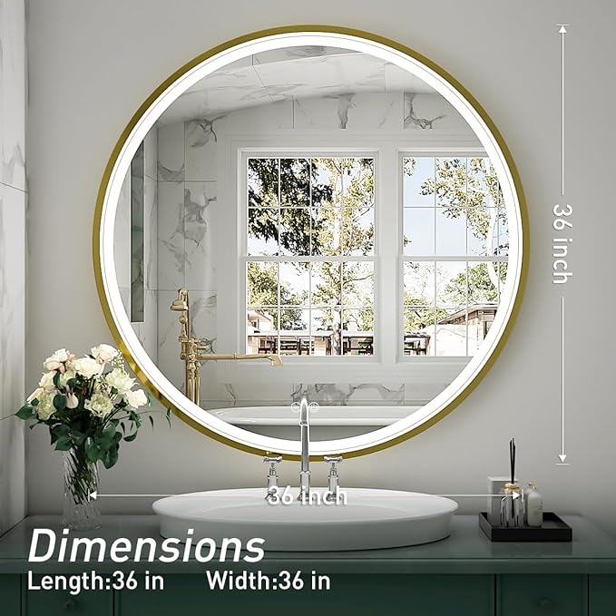 36" Round LED Bathroom Mirror, Dimmable Anti-Fog Vanity Mirror with Touch Control, 6000K Natural Light, Gold Metal Frame, Wall Mounted for Makeup Shaving (IP54, 90+ CRI)