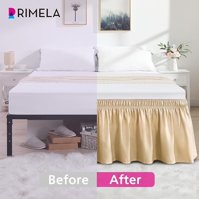 RIMELA Beige Bed Skirt Queen Size 15 Inch Drop, Wrap Around Elastic Bedskirt, Dust Ruffle for Adjustable Bed Base Machine Washable Easy to Install Bed Skirts