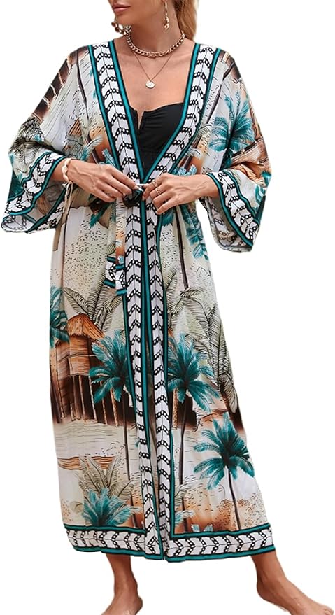 Women Casual Open Front Lightweight Cardigan Long Beach Kimono Cover Up