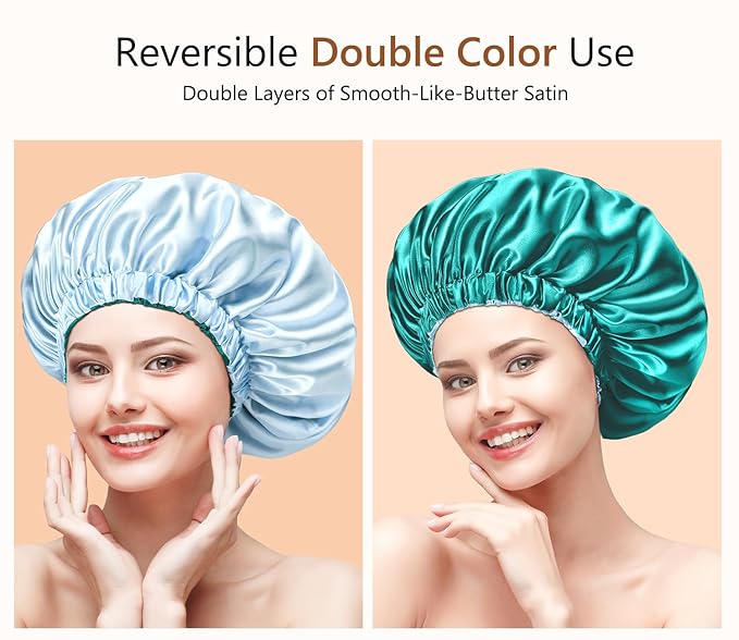 mikimini Satin Bonnet for Sleeping,Pack of 2,Green+Light Blue,Silk Bonnet for Women Long Curly Hair,Reversible Double-Layer Sleeping Hair Bonnet Extra Large Stretchy Sleep Hair Caps