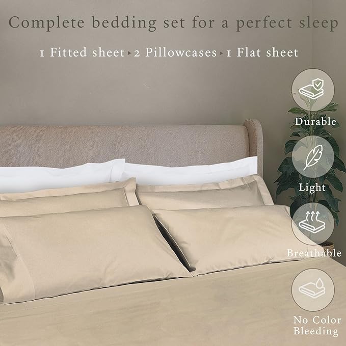 Threadmill - Hotel Luxury Cotton Sheets King Size 100% Cotton, 500 Thread Count Deep Pocket, Snug Fit, Soft & Crisp Cooling Hotel-Quality Bedsheets 4 Piece Set (King, Beige)