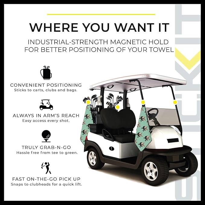 STICKIT Magnetic Seafoam Green Golf Towel with Golf Ball Skulls | Top-Tier Microfiber Golf Towel with Deep Waffle Pockets | Industrial Strength Magnet for Strong Hold to Golf Carts or Clubs