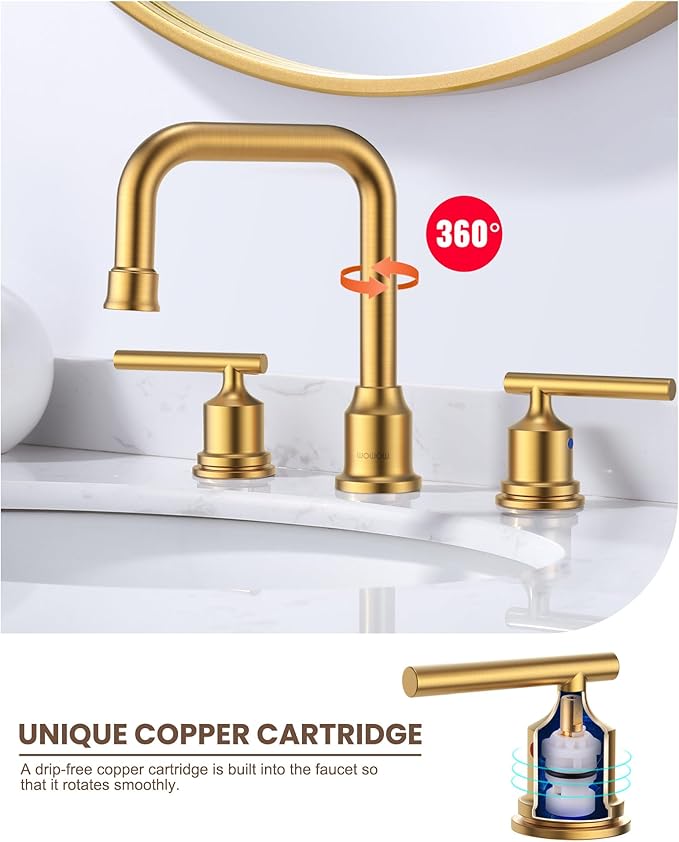 WOWOW Brushed Gold Bathroom Faucet Widespread Bathroom Sink Faucet 2 Handle Lavatory Tap 3 Holes with Drain and Supply Hoses Mordern Basin Taps