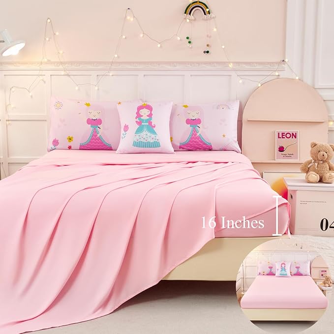 ANGIYUIN 6Pcs Pink Twin Size Comforter Set for Girls Princess Bedding Fairy Tales Castle Kids Bed in A Bag with Sheets Cute Soft Printed Girl Bedding Set for All Season