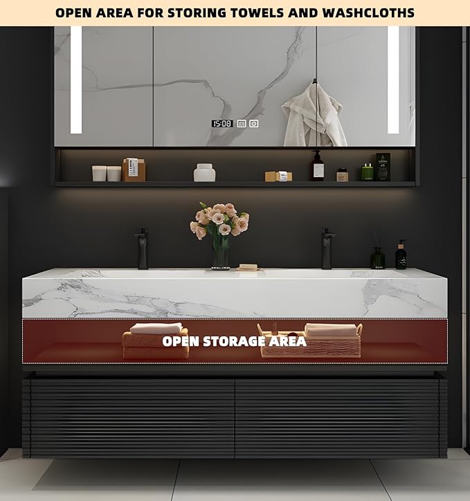 52IN Bathroom Vanity with Double Sink, Modern Bathroom Vanity with LED Smart Defogging Mirror Cabinet and Open Shelf, Floating Bathroom Cabinet with Striped Double Drawers, Oak Material (Black)