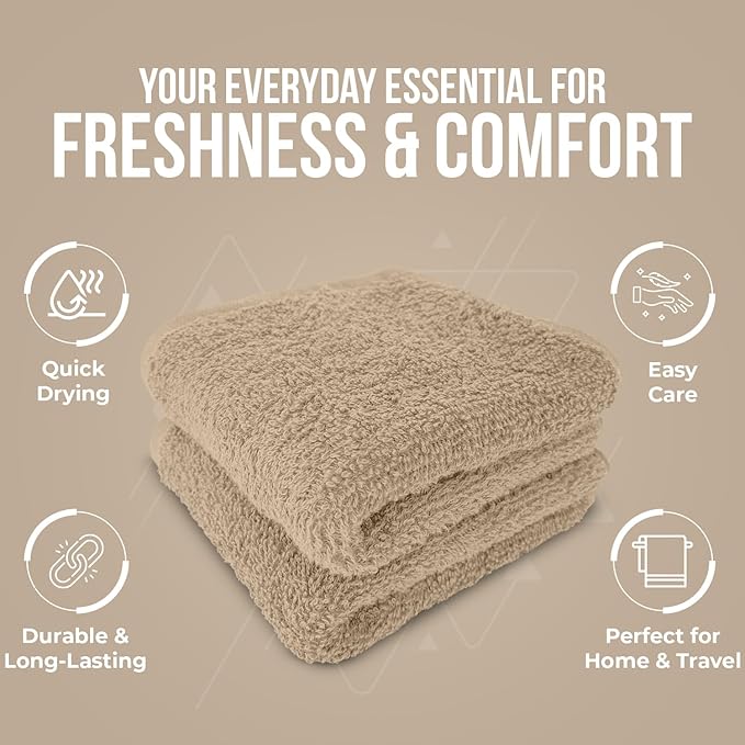 DAN RIVER 100% Cotton Wash Cloths 24 Pack [12x12] Soft & Absorbent Thin washcloths, Gym, Hotels & Spa Perfect for Everyday Use Fingertip Towels, Tan