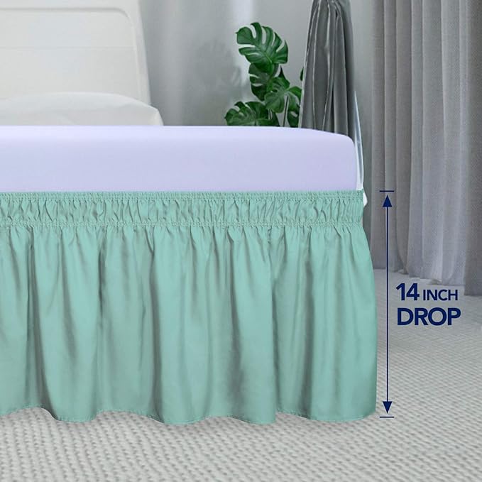 PureFit Wrap Around Ruffled Bed Skirt with Adjustable Elastic Belt - 14 Inch Drop Easy to Put On, Wrinkle Free Bedskirt Dust Ruffles, Bed Frame Cover for Queen, King and C-King Size Beds, Baby Blue