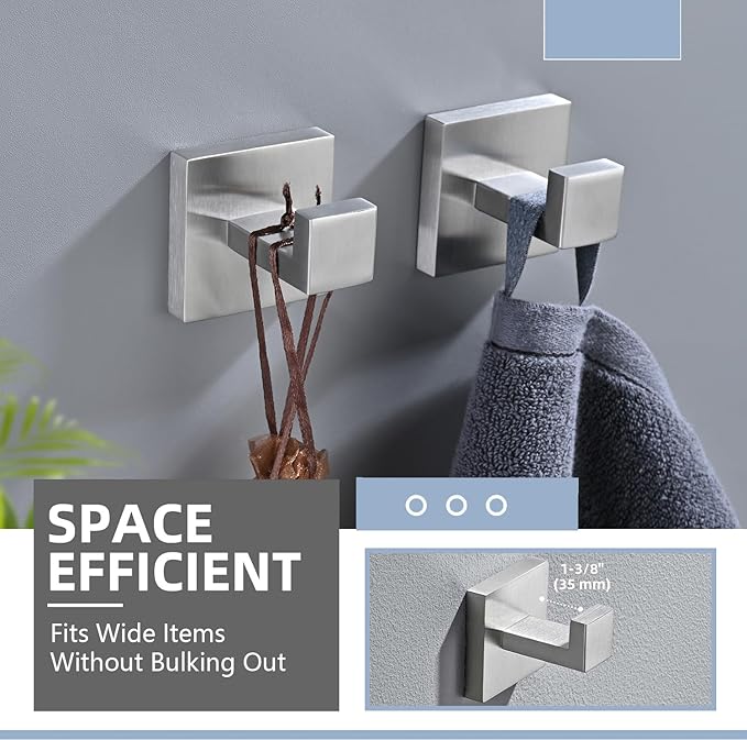 3PCS Bathroom Hardware Set, Brushed Nickel Toilet Paper Holder, 2 Square Towel Robe Hooks, SUS 304 Stainless Steel, Wall Mounted, Modern, Rust‑Resistant (Silvery)