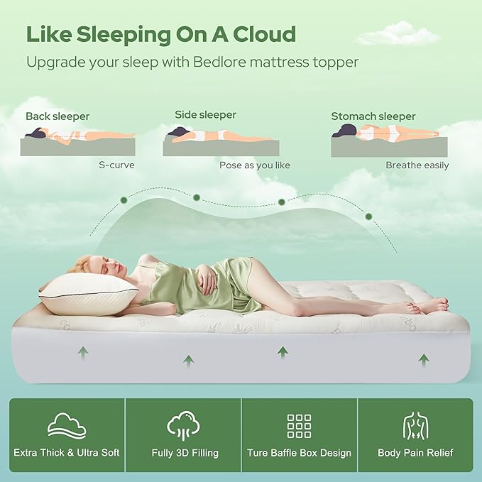 BEDLORE Queen Mattress Topper Viscose Derived from Bamboo, Thick Pillow Top Mattress Pad with Stretchable Pockets for 6-18 inches Mattress, Soft Breathable Mattress Topper for Back Pain Relief