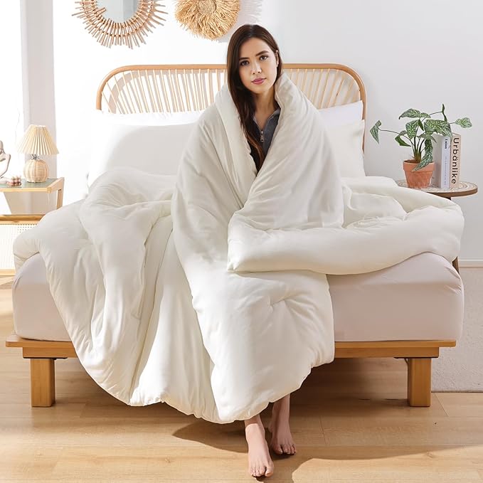 ROSGONIA Queen Comforter Set Ivory, 3pcs(1 Boho Ivory Comforter & 2 Pillowcases) All Season Soft Bedding Lightweight Bedspread Blanket Quilt Bed