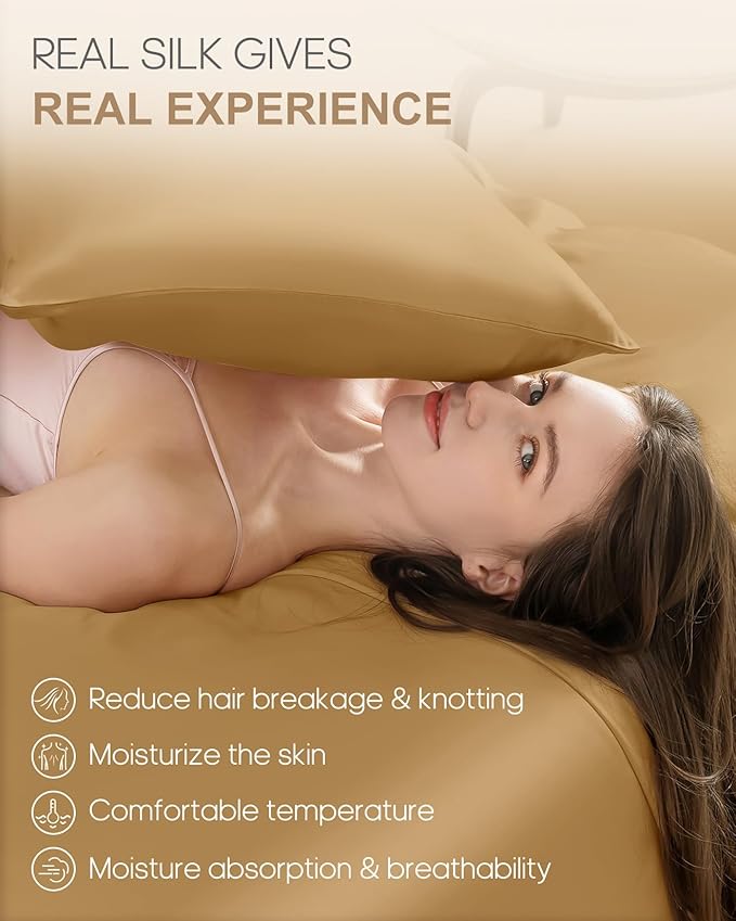 THXSILK Set of 2 100% Pure Mulberry Silk Pillowcases for Hair and Skin, 22 Momme Zipper Silk Pillow Case Standard Size, Real Silk Pillowcases with Zipper (Metallic Gold, King 20"x36")