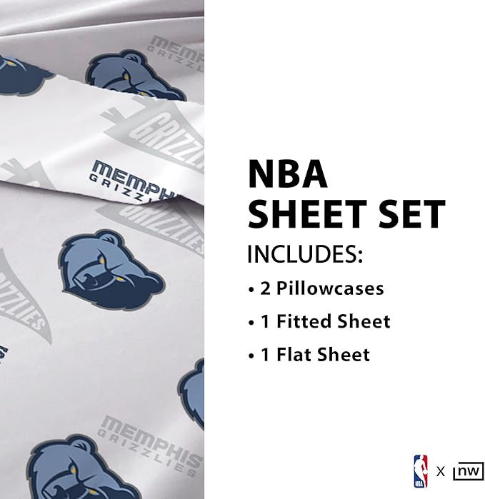 Northwest Officially Licensed Memphis Grizzlies NBA Queen Size Sheet Set – Soft Team Logo Bedding for Dorms, Bedrooms, Fan Caves & Game Day Style