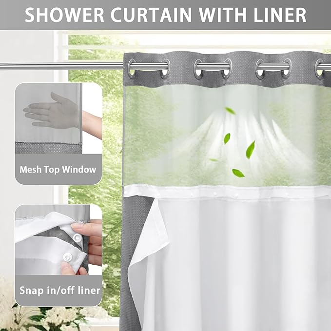 YellyHommy No Hook Shower Curtain with Snap in Liner Set Less Time Grey Waffle Shower Curtain for Bathroom 87" L x 72" W Gray