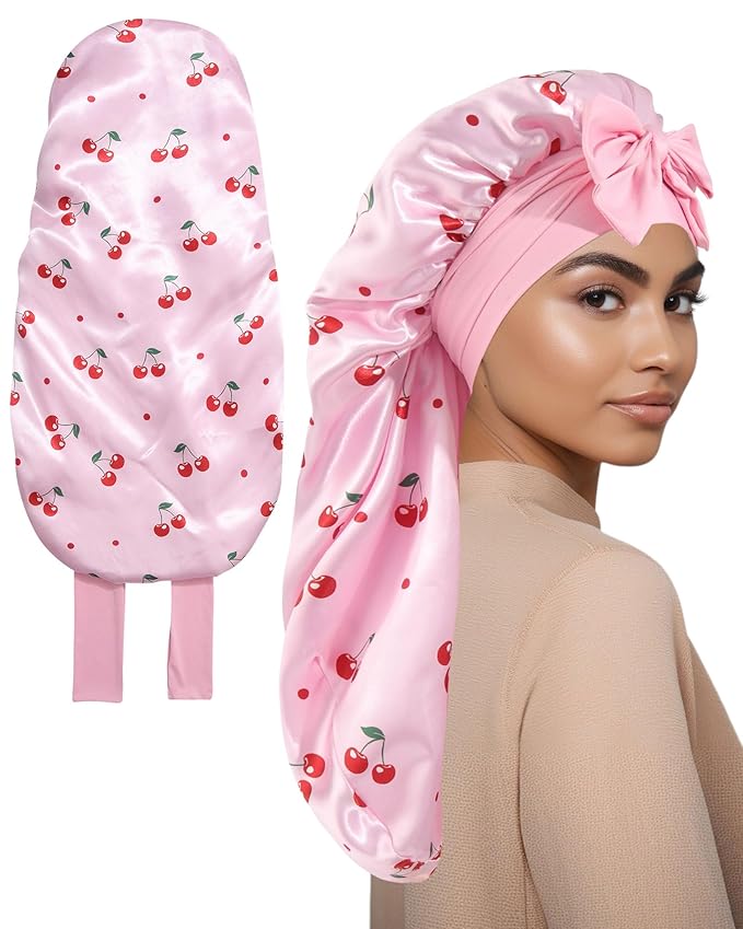 AWAYTR Long Satin Bonnet for Sleeping, Reversible Double Layer Hair Bonnet with Elastic Tie Band (Cherry Print+Pink)