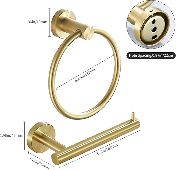 WINCASE Gold Toilet Paper Holder Towel Ring, Brushed Gold Bathroom Hardware Set, Hand Towel Holder Toilet Paper Roll Holder Wall Mount, Rustic Farmhouse Rustproof Stainless Steel 2 Pieces