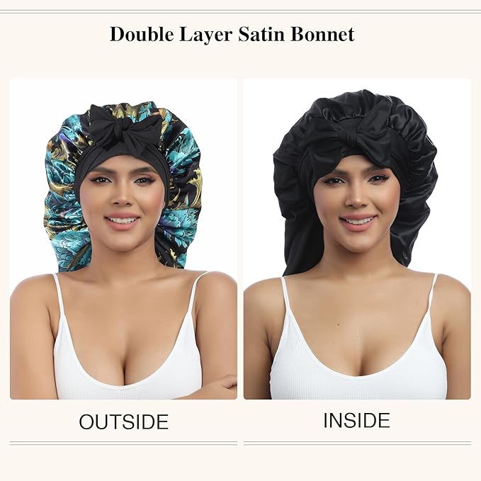 AWAYTR Long Satin Bonnet for Women - Double Layer Elastic Silk Bonnet for Braids Hair Sleeping Cap with Tie Band (Print+Black)
