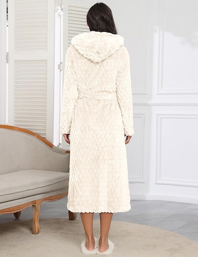 Ekouaer Womens Plush Robes Long Soft Jacquard Fluffy Bathrobe Hooded Robe Sleepwear with Pockets