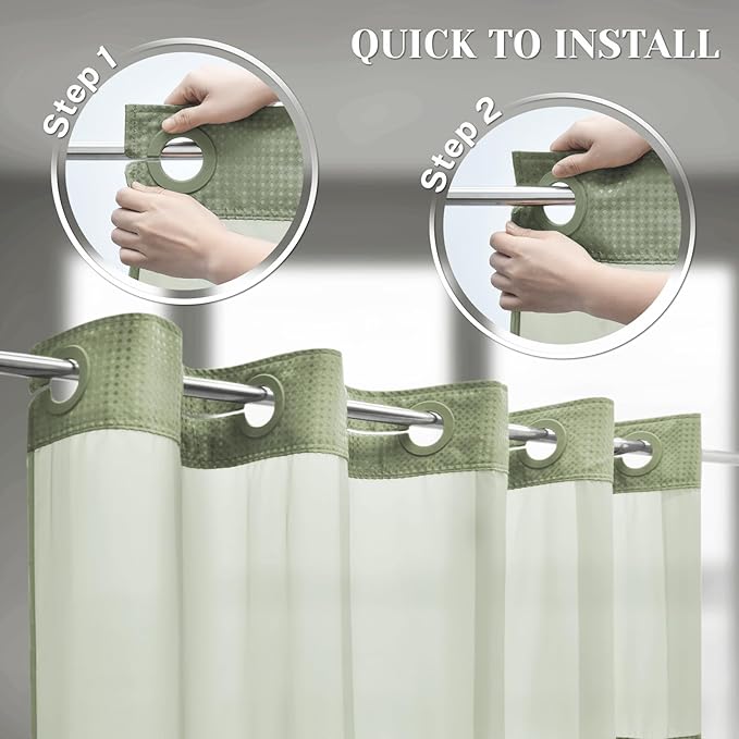 No Hook Shower Curtain with Snap in Liner Set Waffle Shower Curtain for Bathroom Hotel Style Fabric Waterproof Inner Liner，71" W x 74" H, Green