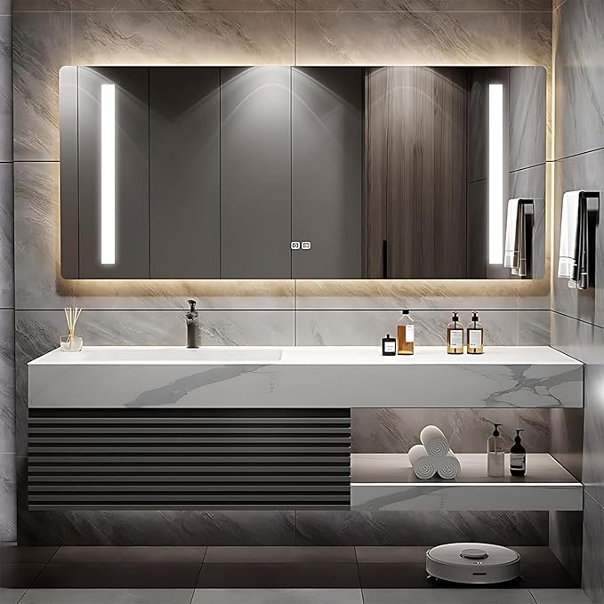 Bathroom Vanity 56 inch, Single Sink Floating Vanity Set Includes Anti-Fog LED Mirror Cabinet, Slate Countertop and Wall-Mount Sink Cabinet, Modern Bathroom Vanities(Greyish Black)