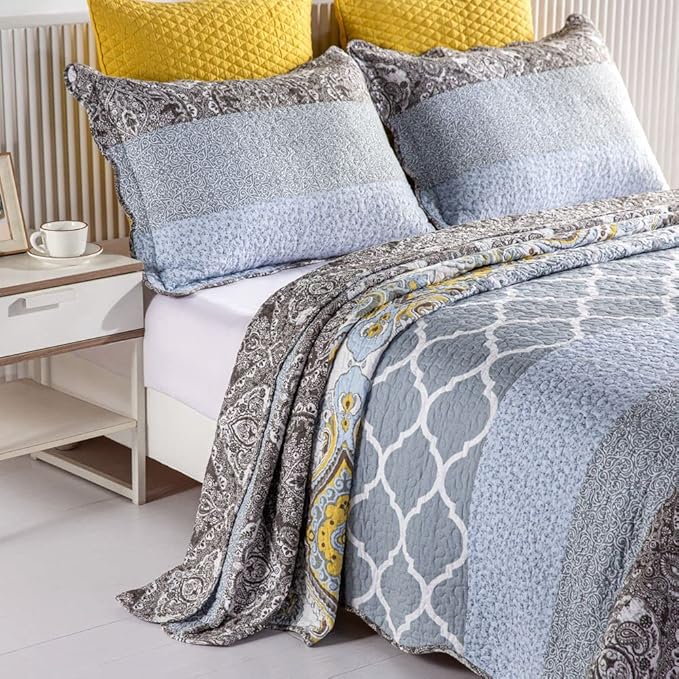 YAYIDAY Oversized King Quilt Set Patchwork Bedspread (120x118 Inch) - 100% Cotton Reversible Breathable Grey Quilted Coverlet with Pillow Shams Fit All Seasons