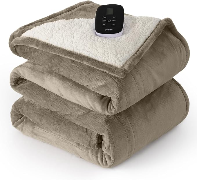 WOOMER [5-Year Warranty Electric Blanket Twin Size,Durable Flannel and Soft Sherpa,Dual Control,62”×84” Heated Throw Blanket, 10 Heat Levels&0.5-12h auto-Off,Energy Efficient,ETL Certified