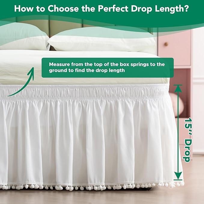 Biscaynebay Queen Bed Skirt 15 inch Drop-White Dust Ruffle Bedskirt with Pompoms-Wrap Around Bed Skirting Easy Fit Elastic Strap-Silky Luxurious Fabric Wrinkle Free-for Women Men Kids