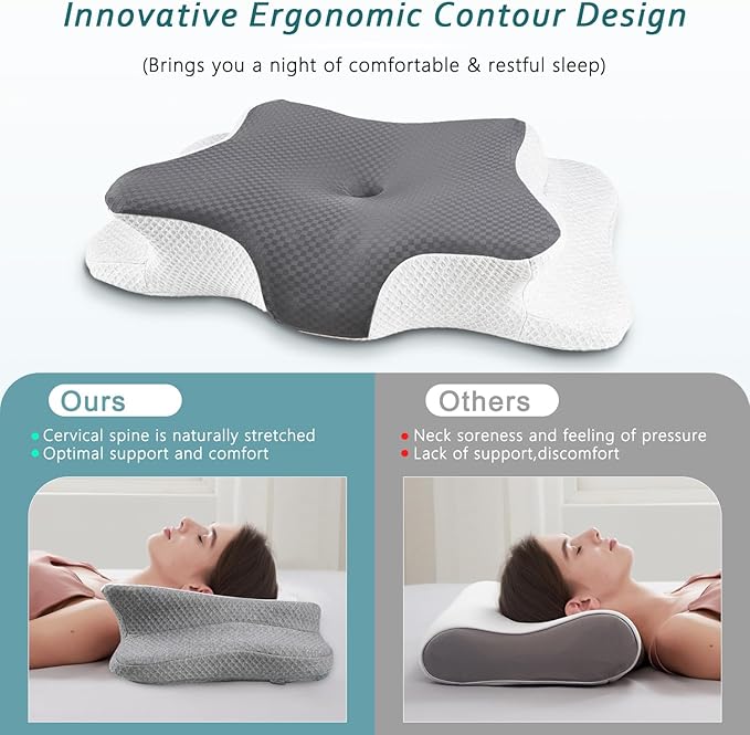 Cervical Neck Pillow for Pain Relief Sleeping, Contour Memory Foam Pillow, Ergonomic Side Sleeper Pillow for Adults, Cooling Orthopedic Neck Support Pillow for Back Stomach Sleepers