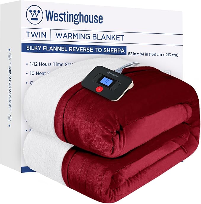 Westinghouse Electric Blanket Twin, Heated Blanket Twin Size with 10 Heating Levels and 1 to 12 Hours Heating Time Settings, Flannel to Sherpa Reversible, Machine Washable (62" x 84", Red)