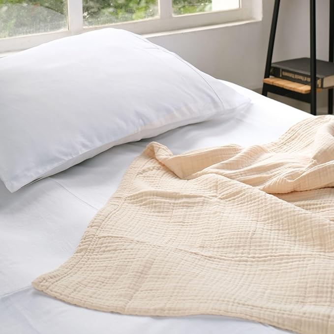 Salt Earth 100% Cotton Muslin Blanket, Gauze Blanket 80"X90" Queen, 4 Layered for Couch, Bed, Living Room,Lightweight & All Seasons Blankets & Throws, Easy to wash,Nature & Skin Friendly (Parchment)