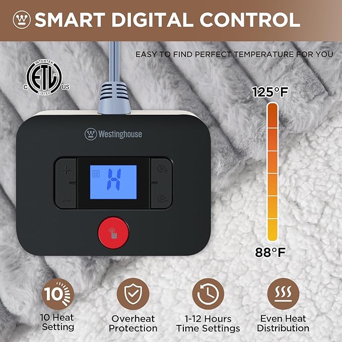 Westinghouse Electric Blanket Twin Size, Super Cozy Luxury Faux Fur & Sherpa Heated Blanket with 10 Heating Levels & 1-12 Hours Auto Off, Fast Heating Blanket, Machine Washable, 62x 84 Inch Light Grey