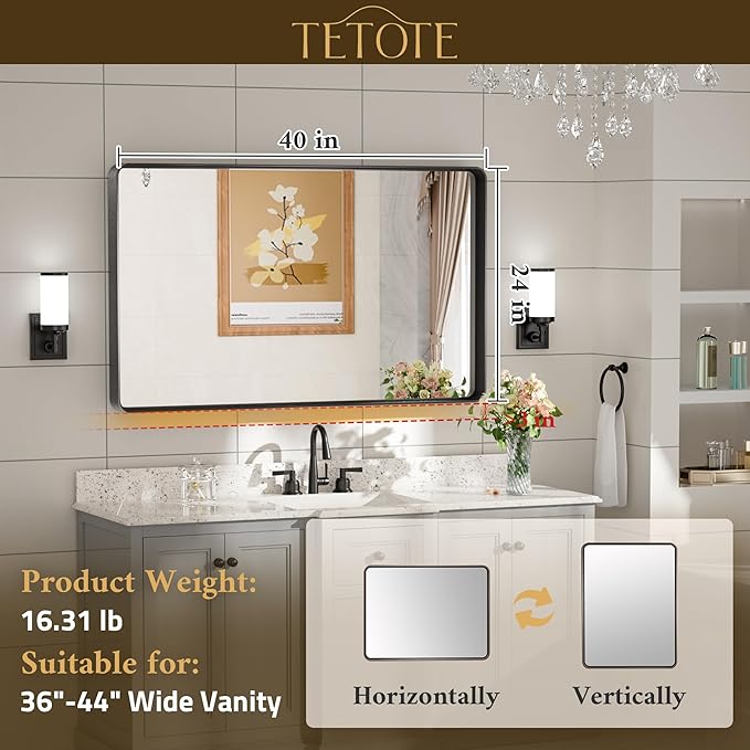 TETOTE White Framed Mirror for Bathroom 40 x 24 Metal Frame Wall Mounted Rectangle Mirror for Vanity with Sandy Textured Surface(Horizontal/Vertical)