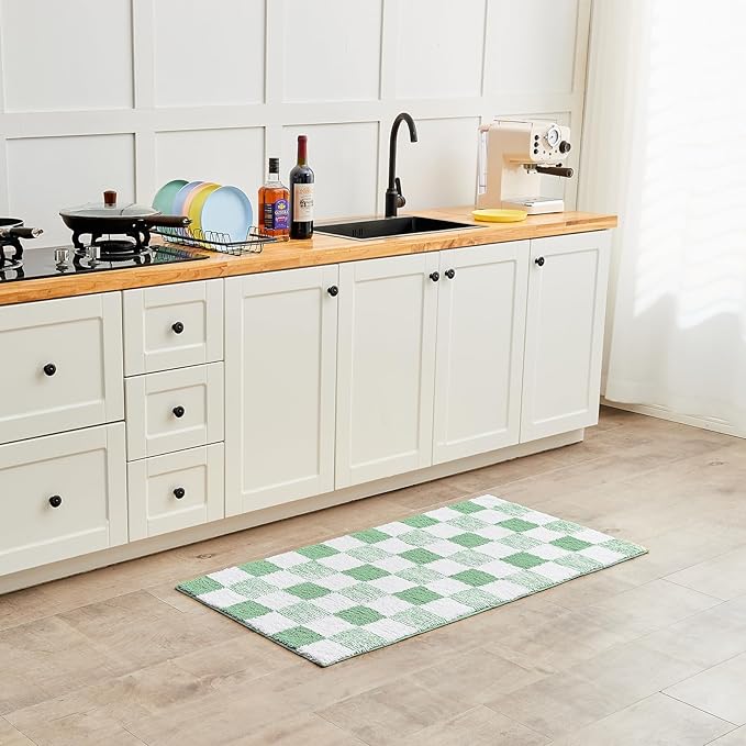 CozeCube Bath mats for Bathroom Non Slip, Fluffy Absorbent Microfiber Bath mat Washable, Aesthetic Bathroom Rugs, Large Sage Green Checkered Bath mat, Sage Green, 36" x 24"