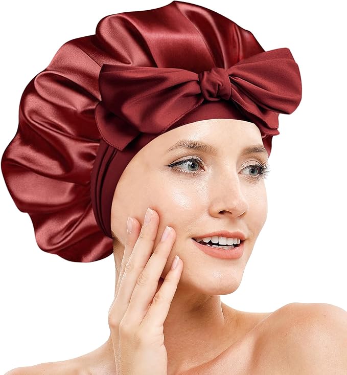 Silk Bonnet for Sleeping Women, Adjustable Soft Satin Lined Bonnet with Tie Band, Double Layer Sleep Night Cap