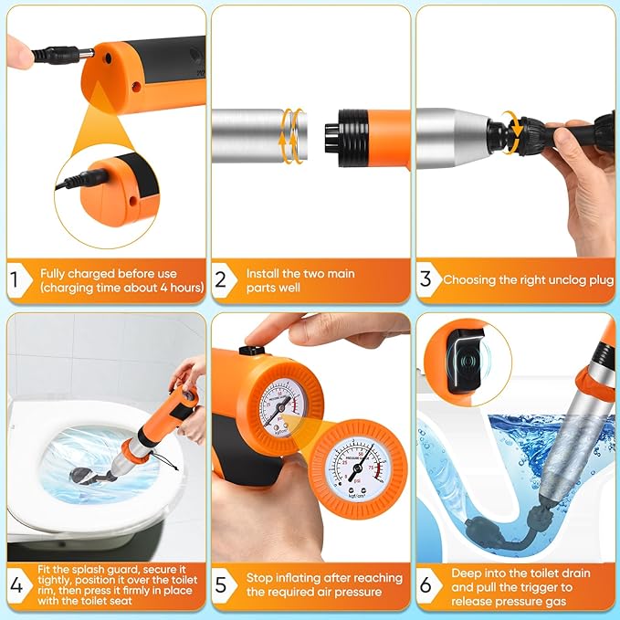 Electric Toilet Plunger, High Pressure Toilet Snake Drain Clog Remover, Splash-Free Unclogger with Drain Snake Auger, Plungers for Bathroom Heavy Duty, Versatile Air Blaster Unclogger Kit (Orange)