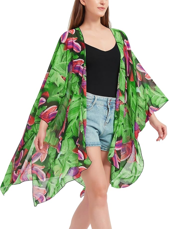 Women's Bohemian Floral Chiffon Beach Cover up Swimsuit Kimono Summer Swimwear Cardigans