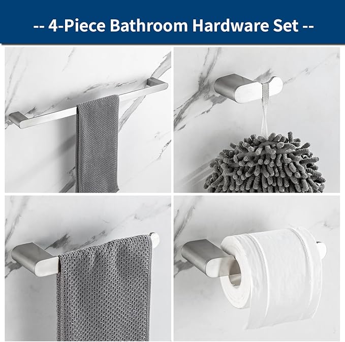 Bathroom Hardware Set, 4-Piece Towel Rack Towel Holder Toilet Paper Holder Towel Hooks Wall Mounted Towel Bar Stainless Steel Towel Racks, Brushed Nickel Bathroom Accessories Towel Bar Set, 16 inch