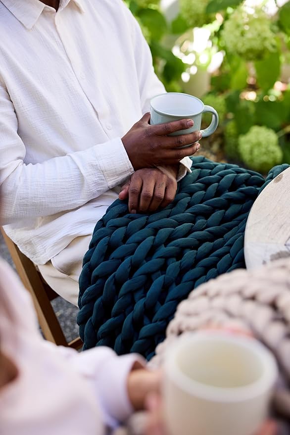 Nuzzie Chunky Knit Blanket - Breathable, Cooling, Hand Made Knit Throw Blanket for Sleep - Machine Washable, Stylish Decor Design (Dusty Blue, Full | 16lbs | 48"x72")