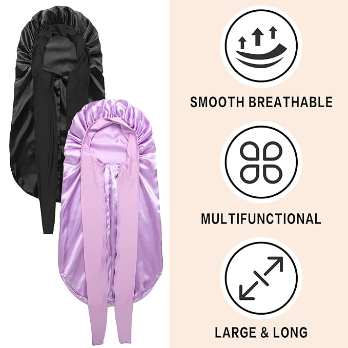 2Pcs Bonnets for Black Women Braid Bonnet, Large Long Satin Bonnet for Braids, Silk Bonnet with Stretchy Tie Band Sleep Cap Hair (2Pcs-Black&Purple)