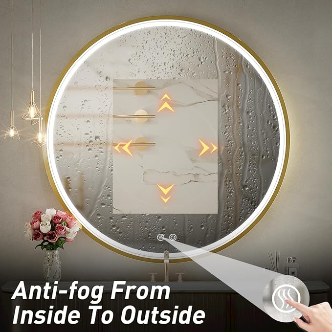 32" Round LED Bathroom Mirror, Dimmable Anti-Fog Vanity Mirror with Touch Control, 6000K Natural Light, Gold Metal Frame, Wall Mounted for Makeup Shaving (IP54, 90+ CRI)