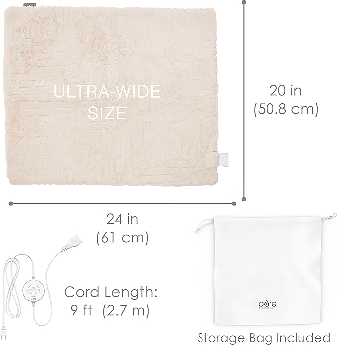 Pure Enrichment PureRadiance Ultra-Wide Luxury Heating Pad for Cramps & Back Pain Relief, Patented Design, Soft Faux Fur & Micromink, 6 Heat Settings, Machine Washable, Large, 20”x24” (Golden Sands)