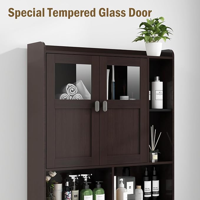 Vabches Over The Toilet Storage Cabinet, Bathroom Shelf Over Toilet with Glass Doors and Adjustable Shelves, Espresso Freestanding Home Space Save Toilet Rack for Restroom, Bathroom, Laundry
